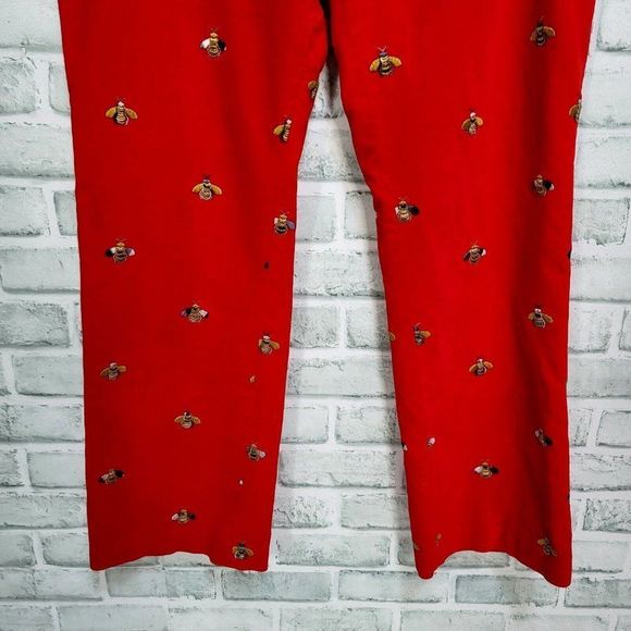 J McLaughlin Womens 12 Embroidered Bees Red Velour Straight Leg Pants Mid Rise - Picture 3 of 6